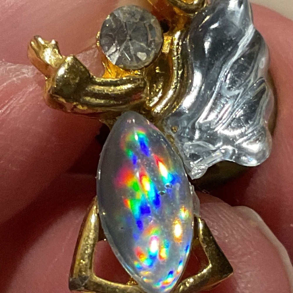 Angel Tac pin crystal and iridescent stone 1” vintage